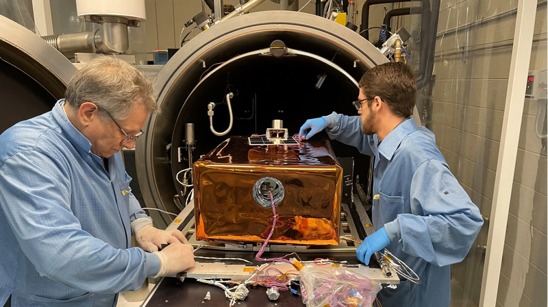 The LEMS Engineering Unit is placed into a thermal vacuum chamber for testing. - Photo: NASA/Mehdi Benna