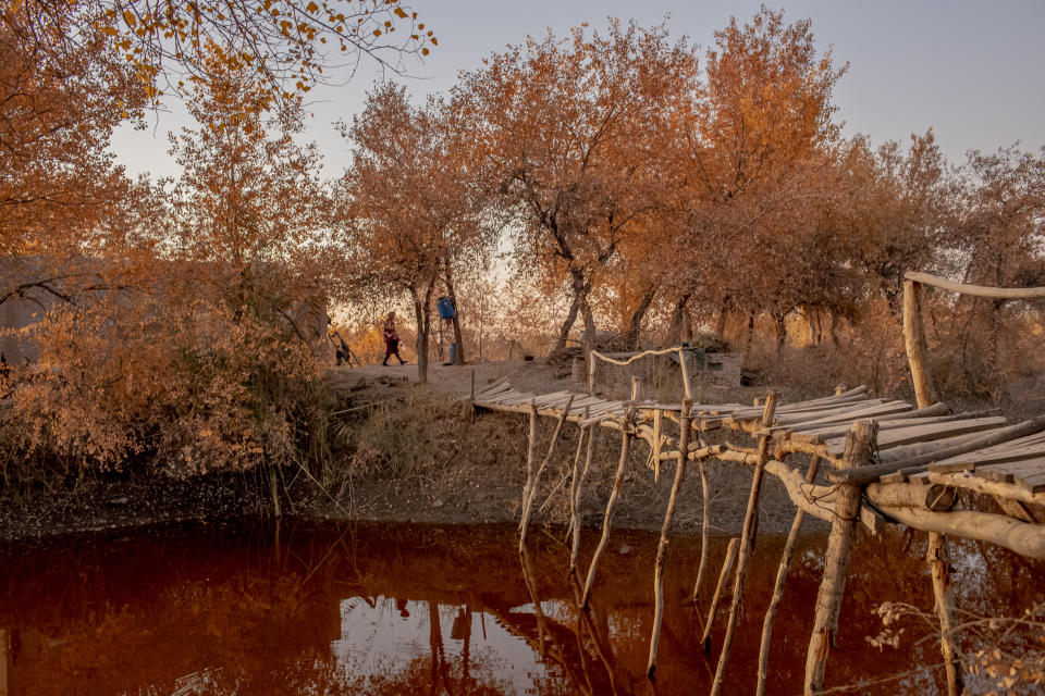 This image provided by World Press Photo is part of a series titled Battered Waters which won the World Press Photo Long Term Projects award by photographer Anush Babajanyan, VII Photo for National Geographic Society, shows silt in the Amu Darya in Uzbekistan which gives the water a dark red color, as water levels in the river continue to decrease, Oct. 28, 2019. (Anush Babajanyan, VII Photo for National Geographic Society/World Press Photo via AP)