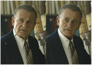 This combination of photos shows actor Joe Pesci, left, during the filming of "The Irishman" and the younger version of Pesci created by Pablo Helman, visual effects supervisor at Industrial Light and Magic. Helman and his team spent two years looking through old movies and cataloging the targeted ages that Pesci would appear in the film. (Netflix via AP)