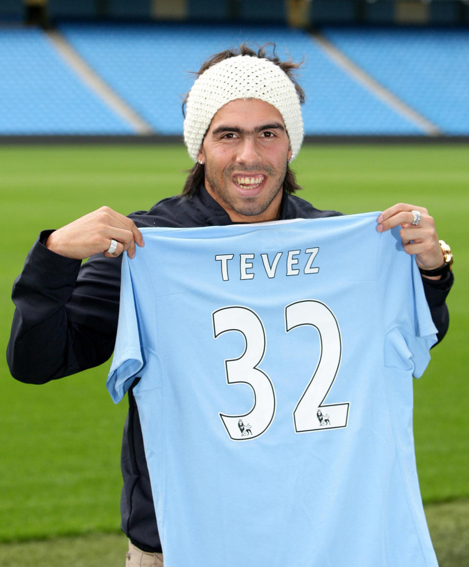 Manchester City new signing Carlos Tevez following a press conference at the City of Manchester Stadium, Manchester.   (Photo by Martin Rickett - PA Images/PA Images via Getty Images)