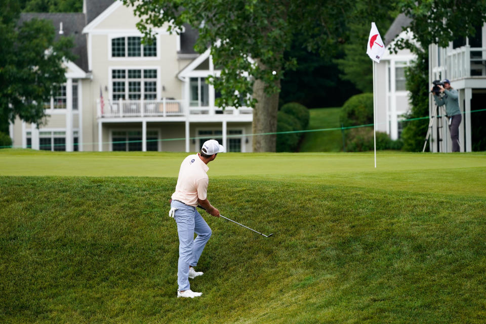 Harris English hits from the rough on the 12th hole during the second round of the Travelers Championship golf tournament at TPC River Highlands, Friday, June 24, 2022, in Cromwell, Conn. (AP Photo/Seth Wenig)