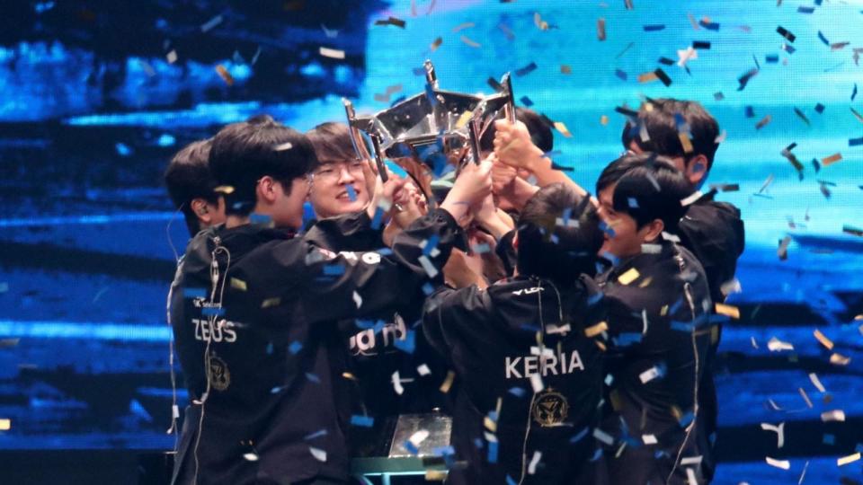 T1 raise the Summoner's Cup after two years of trying to win the elusive title. (Photo: Riot Games)