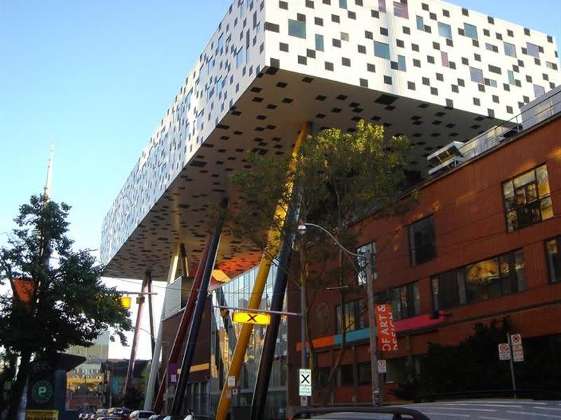 <b>3. Sharp Centre for Design; Toronto, Canada</b> Although some call it innovative, there are others who call it intolerable. While the building's black and white squares combined with pencil-like stilt supports make it look like a clubhouse for crossword puzzle enthusiasts, this building is actually part of the Ontario College of Art & Design.