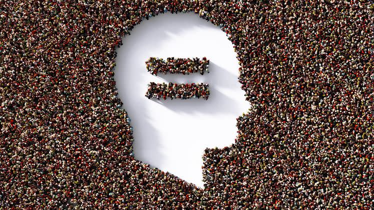 human head and equal sign formed by human crowd on white background