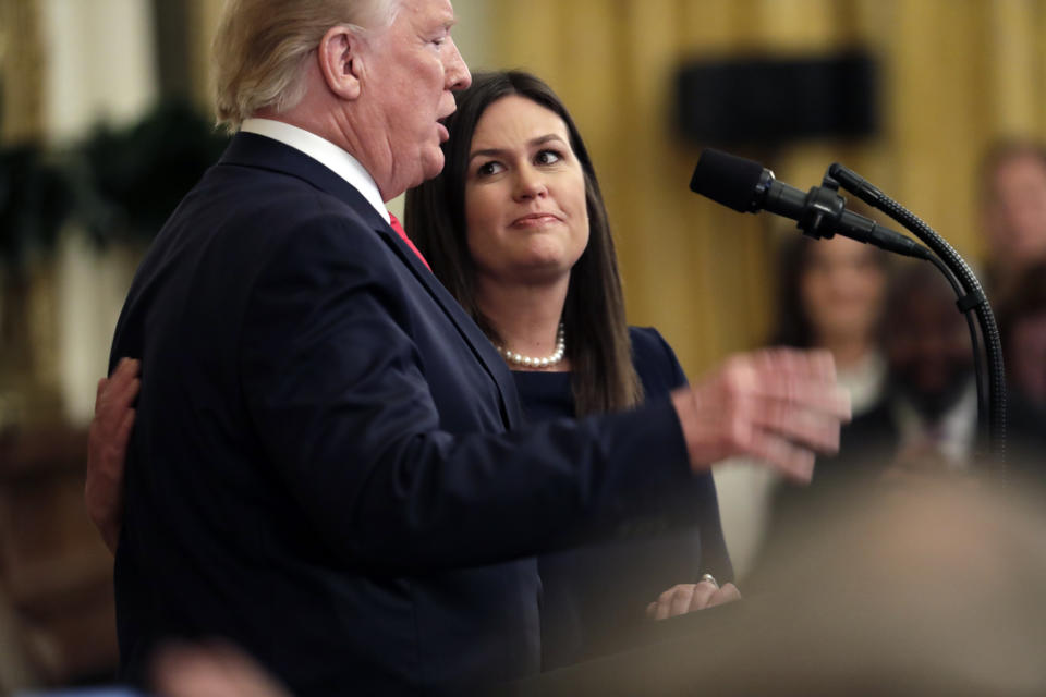 President Donald Trump speaks about White House press secretary Sarah Sanders during an event on second chance hiring in the East Room of the White House, Thursday, June 13, 2019, in Washington. Sanders is leaving her position at the end of the month. (AP Photo/Evan Vucci)