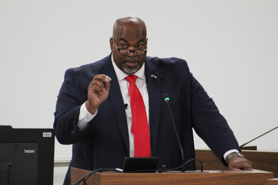 North Carolina Republican Lt. Gov. Mark Robinson speaks at a Senate Education Committee hearing on Wednesday, July 14, 2021, in the Legislative Office Building in Raleigh, N.C. North Carolina Republicans are moving forward with a plan to limit how teachers can discuss certain racial concepts inside the classroom. Robinson said his office will soon release a report showing examples of indoctrination. (AP Photo/Bryan Anderson)