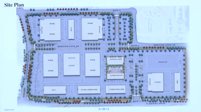 <em>This map shows the layout of the buildings on the site.</em> Flamingo Road is at the bottom of the map. (Credit: Howard Hughes Holdings)
