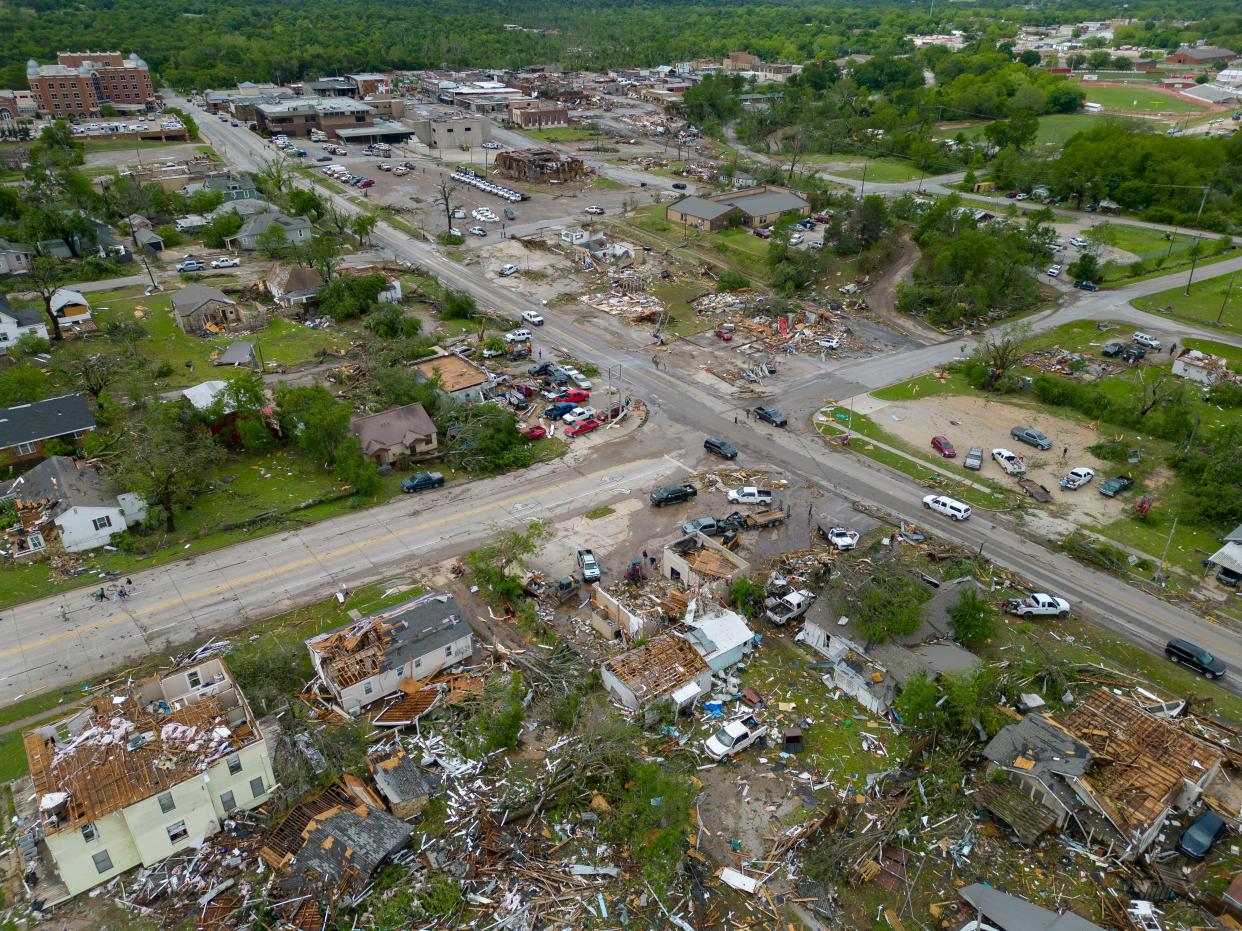 Tornado damage is seen in Sulphur, Okla., on Sunday, April 28, 2024, after severe storms hit the area the night before.