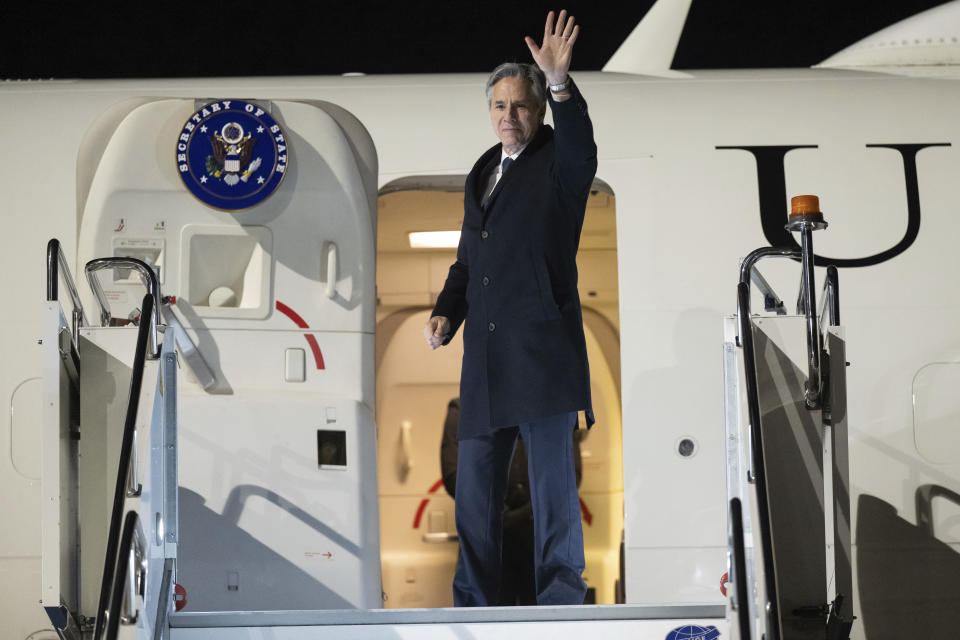US Secretary of State Antony Blinken boards his airplane prior to departure from Skopje International Airport in Skopje, North Macedonia, Wednesday Nov. 29, 2023. (Saul Loeb/Pool via AP)