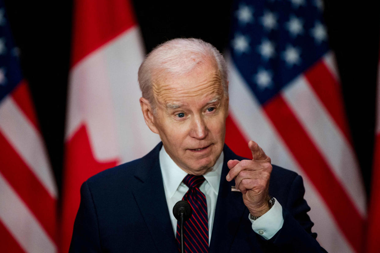 President Joe Biden speaks at the Sir John A. Macdonald Building in Ottawa, Canada (Andrej Ivanov / AFP via Getty Images)