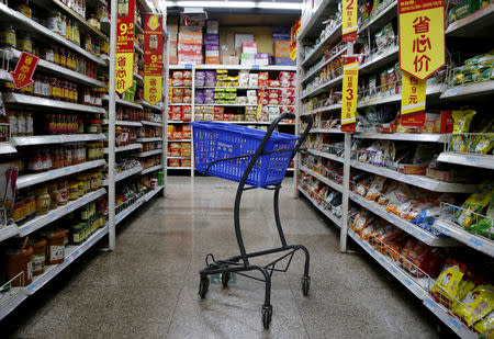 FILE PHOTO: An empty shopping cart is seen at a branch store of Wal-Mart in Beijing, China, October 15, 2015. REUTERS/Kim Kyung-Hoon/File Photo