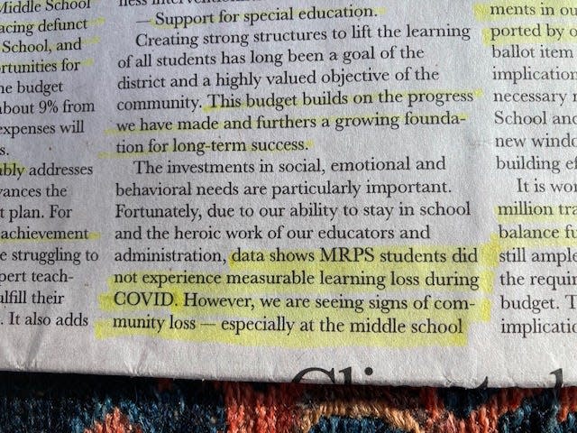 Montpelier Roxbury Public Schools' school board chair and school directors Jim Murphy and Kristen Getler penned a commentary for the February 22, 2023 issue of the Times Argus that says, "data shows MRPS students did not experience measurable learning loss during COVID.