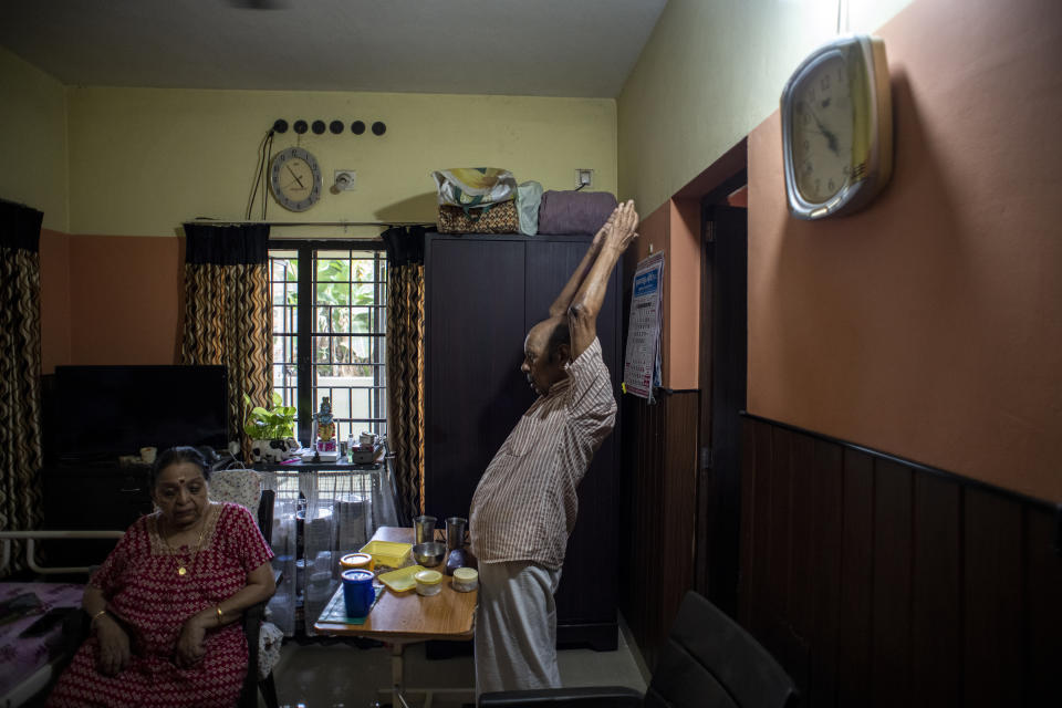 V.Baby, an 84-years-old retired math professor and his wife Vasanthi, 82 years, share a room at the Signature Aged Care in Kochi, Kerala state, India, March 6, 2023. The couple tried living in their home for a few years but with age-related health conditions catching up and unable to maintain the enormous home, they took a call to move to the assisted living center which is just a few kilometers from their home. Here, Baby is happy with the care he and his wife receive. "There is a feeling of safety we can only get here. We cannot get this at home," he said. (AP Photo/ R S Iyer)