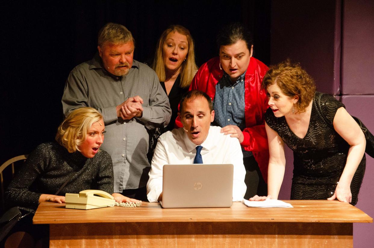 Trent (Ezra Keeton); Barry (Don McCallister); Dee Dee (Carri Wagner); Angie (Clare LaTourette); and Principal Hawkins (Bob Ritchie) listen to Emma’s song about acceptance, which has gone viral during a scene from "The Prom," which debuts April 19 at Firehouse Theater in Alliance.