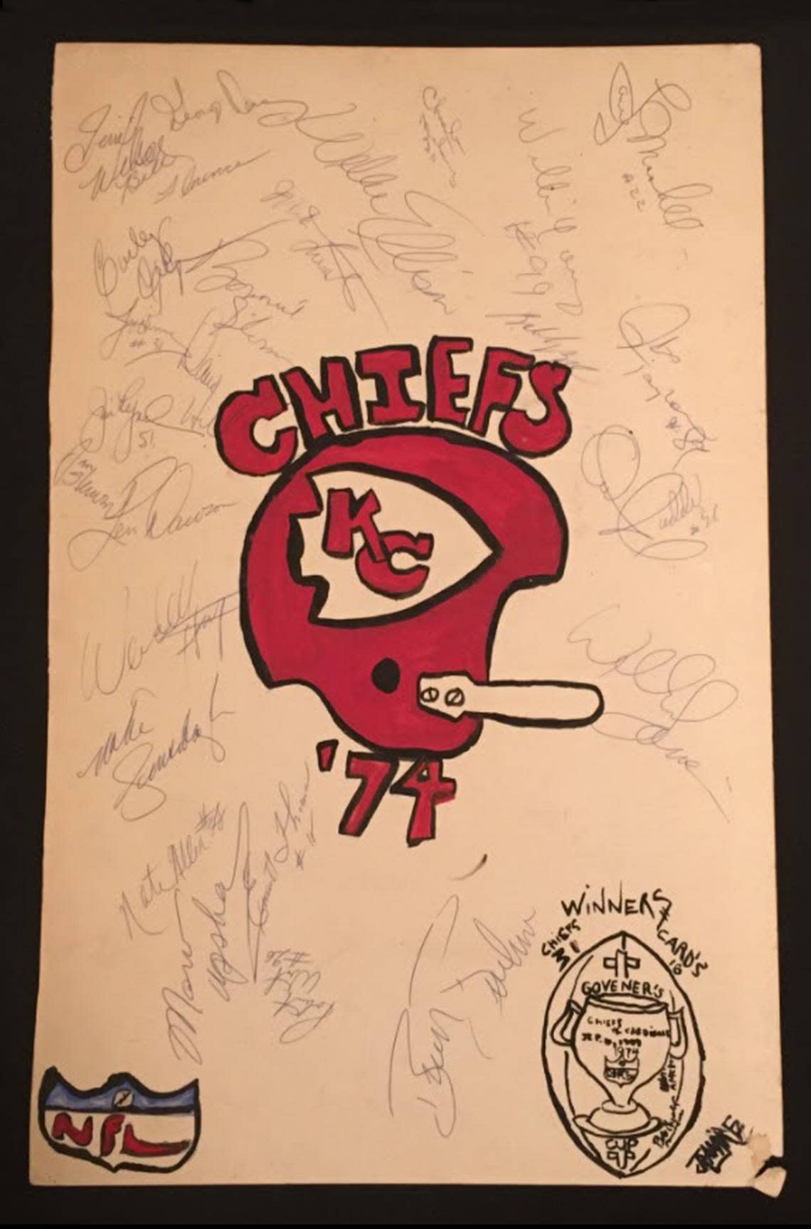 A poster featuring autographs from Chiefs players, including Len Dawson. Jim Ramirez got his autograph after a game in 1974 and said Dawson was his first hero.