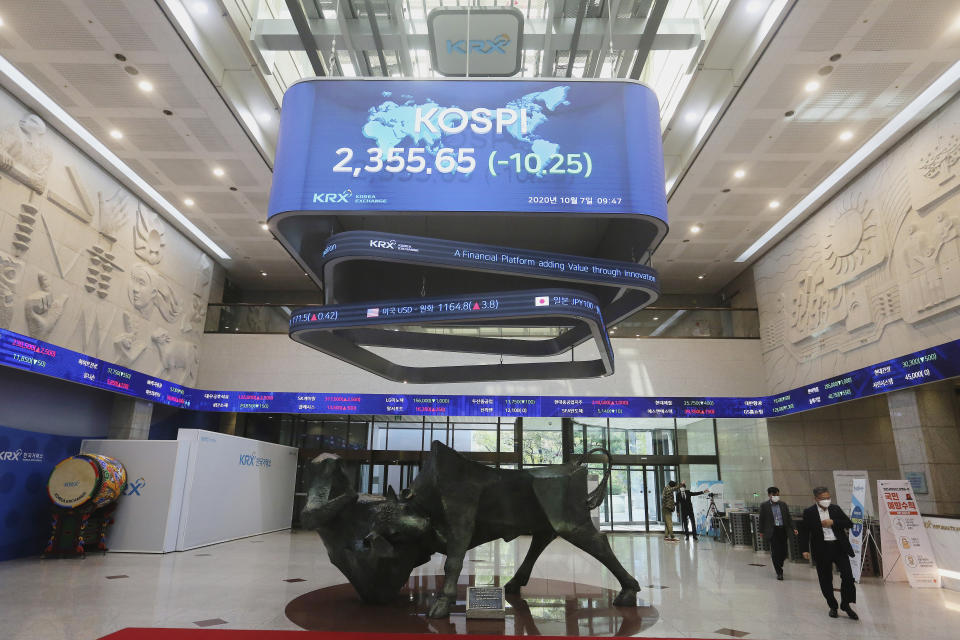 People walk under screens showing the KOSPI, Korea Composite Stock Price Index, at the Korea Exchange in Seoul, South Korea, Wednesday, Oct. 7, 2020. Stocks were mixed in Asia on Wednesday despite an overnight decline on Wall Street after President Donald Trump ordered a stop to talks on another round of aid for the economy. (AP Photo/Ahn Young-joon)