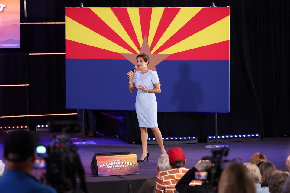 Arizona Republican gubernatorial candidate Kari Lake speaks during a get out the vote campaign rally on November 05, 2022 in Scottsdale, Arizona. With 3 days to go until election day, Kari Lake is campaigning throughout the state with other GOP candidates.