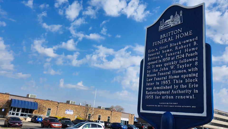 This historical marker was placed along Peach Street, just south of West 14th Street, in 2022 to commemorate the Robert B. Britton Funeral Home, the first African-American owned funeral home in Erie which opened its doors in 1950. The funeral home was located at 1524 Peach St. The city of Erie's historic preservation plan encourages the preservation of the history of various ethnic and racial groups who helped shape the city and its neighborhoods.