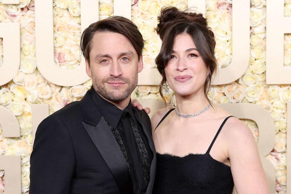 <p>Monica Schipper/Getty </p> Kieran Culkin and wife Jazz Charton at the 81st Annual Golden Globe Awards