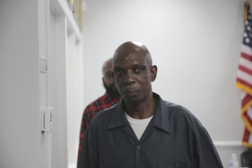 A scar can be seen on the forehead of Clarence Gailyard after he watched body camera video of an officer stomping him in the neck on July 26. The video was shown at a news conference Tuesday, Aug. 3, 2021 in Orangeburg, South Carolina. Orangeburg Public Safety officer David Lance Dukes was fired and charged with a felony after the July 26 incident. (AP Photo/Jeffrey Collins)