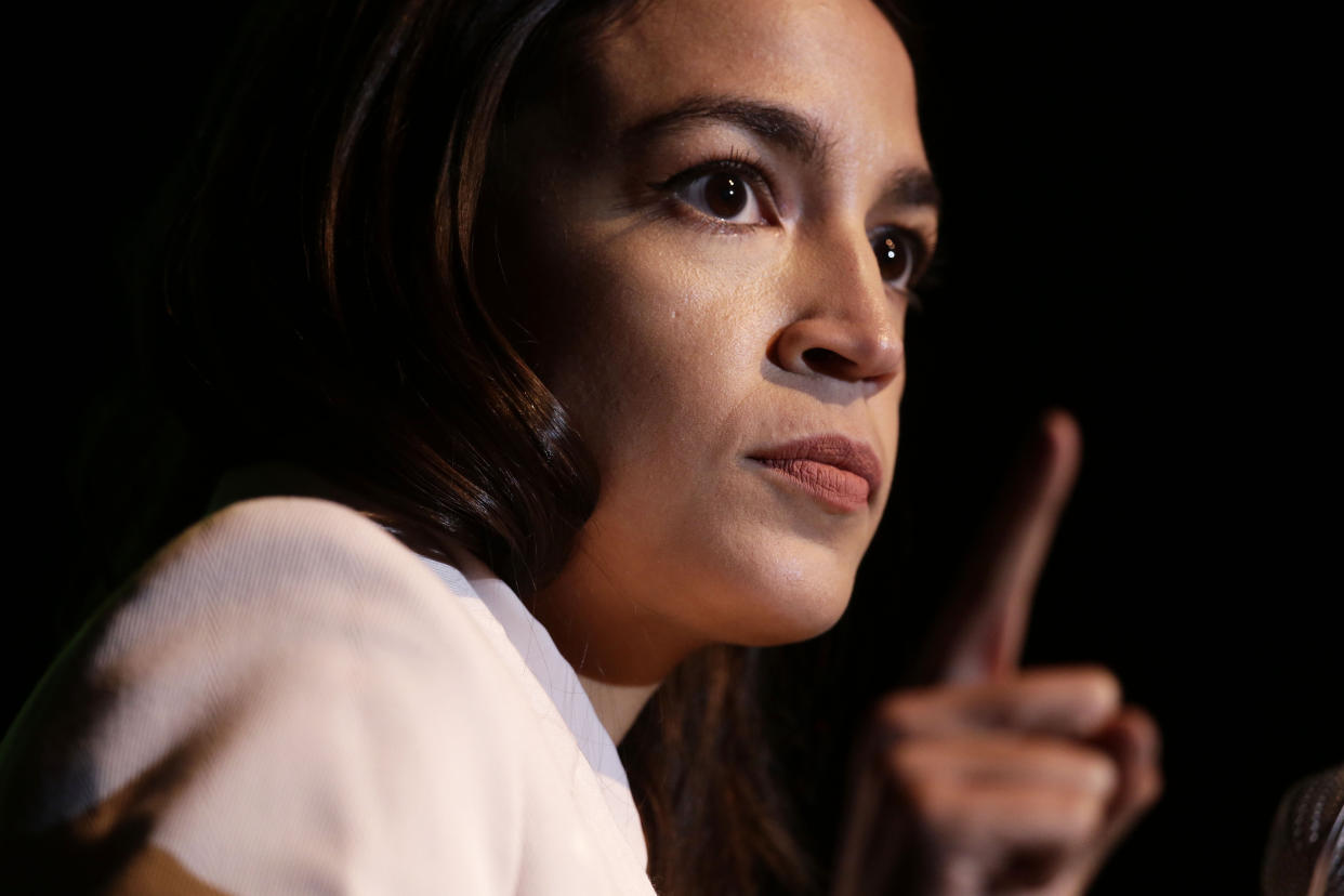 WASHINGTON, DC - MAY 13:  U.S. Rep. Alexandria Ocasio-Cortez (D-NY) speaks during a rally at Howard University May 13, 2019 in Washington, DC. The Sunrise Movement held an event for the final stop of the "Road to a Green New Deal" tour to "explore what the pain of the climate crisis looks like in D.C. and for the country and what the promise of the Green New Deal means."  (Photo by Alex Wong/Getty Images)