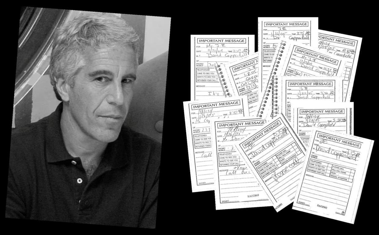 <span>Jeffrey Epstein, left, and pads with messages from David Copperfield for Epstein.</span><span>Composite: Getty Images</span>