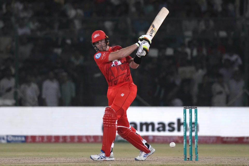 Islamabad United' Martin Guptill plays a shot during the final of Pakistan Super League T20 cricket match between Islamabad United and Multan Sultans, in Karachi, Pakistan, Monday March 18, 2024. (AP Photo/Fareed Khan)
