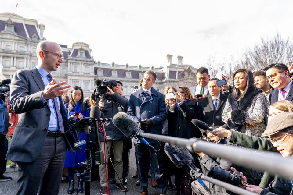 Ian Sams, with the White House counsel's office, speaks to reporters of the White House in Washington, Wednesday, Feb. 1, 2023. The FBI has searched President Joe Biden's Rehoboth Beach, Del., home as part of its investigation into the potential mishandling of classified documents. Biden's attorney says that agents didn't find any classified documents during the Wednesday search, but did take some handwritten notes and other materials relating to Biden's time as vice president for review. (AP Photo/Andrew Harnik)