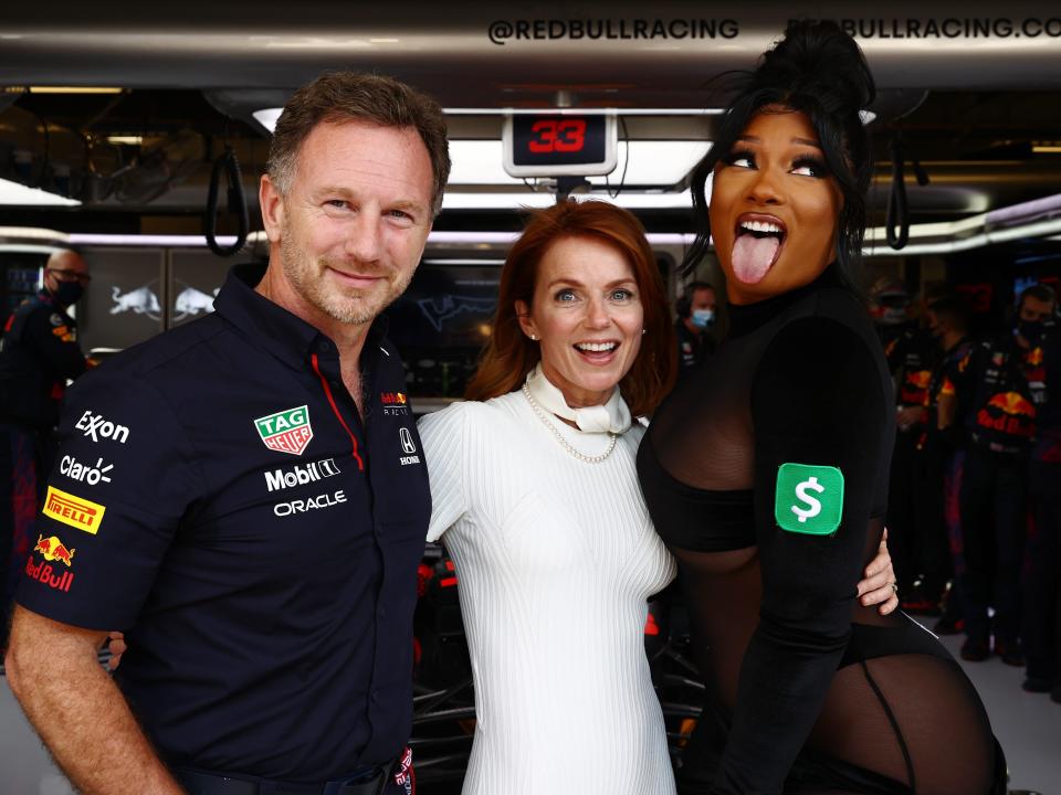 Megan Thee Stallion alongside Red Bull boss Christian Horner and his wife Geri Halliwell.