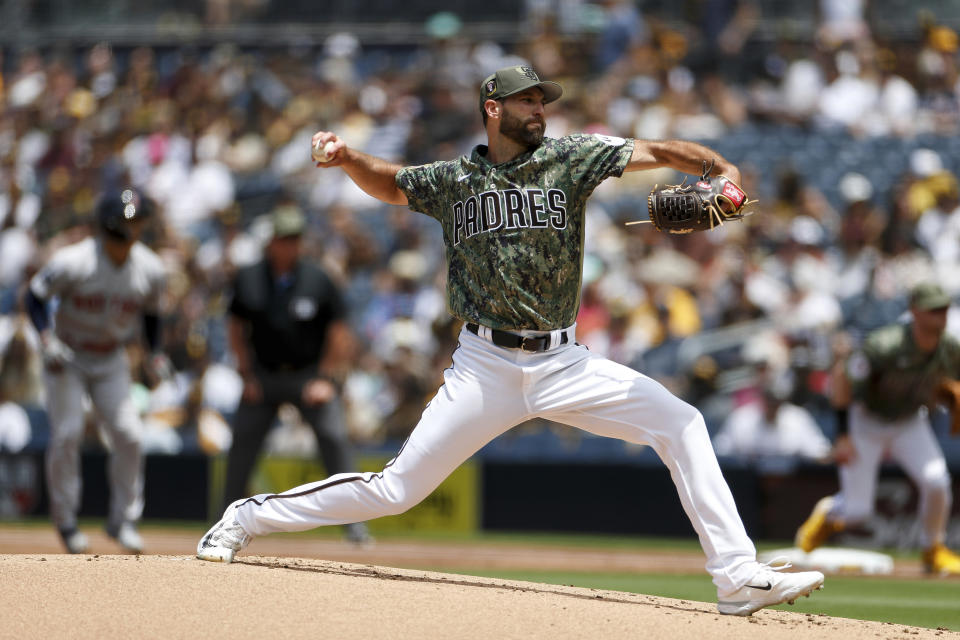 San Diego Padres starting pitcher Michael Wacha throws to the plate during the first inning of a baseball game against the Boston Red Sox, Sunday, May 21, 2023, in San Diego. (AP Photo/Brandon Sloter)