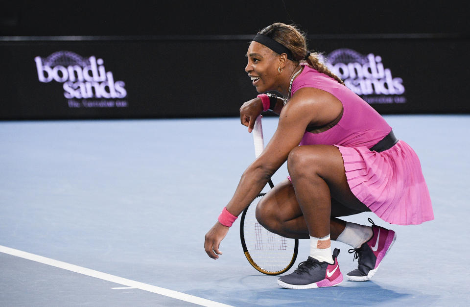 United States' Serena Williams reacts after defeating compatriot Danielle Collins during a tuneup event ahead of the Australian Open tennis championships in Melbourne, Australia, Friday, Feb. 5, 2021.(AP Photo/Andy Brownbill)