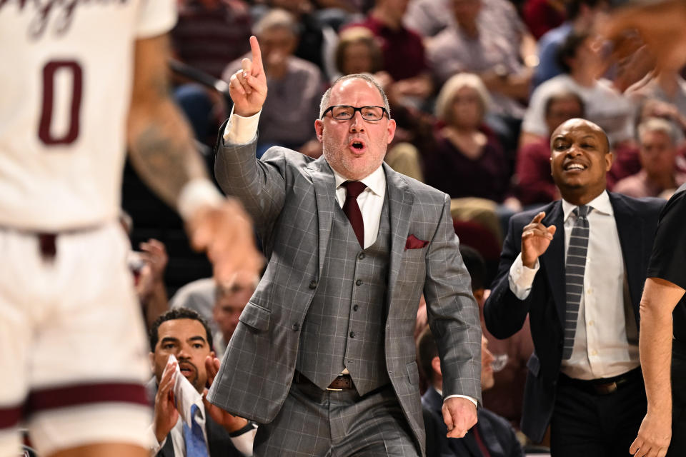 Feb 15, 2023; College Station, Texas; Texas A&M Aggies head coach Buzz Williams motions during the first half against the Arkansas Razorbacks at Reed Arena. Maria Lysaker-USA TODAY Sports