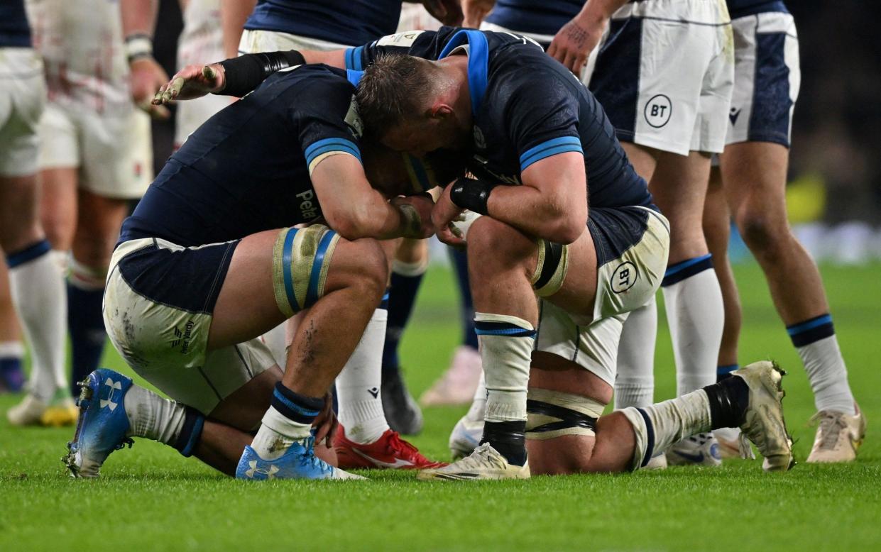 Jamie Ritchie and Matt Fagerson celebrate Scotland's win over England - Why Scotland can finally back up a round one win for the first time in 27 years - AFP/Glyn Kirk