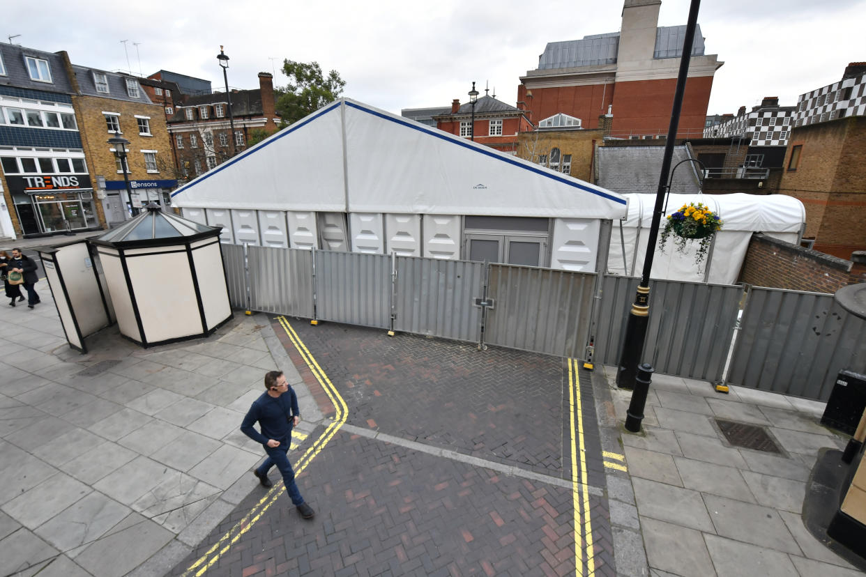 A temporary mortuary extension has been erected outside Westminster Coroners Court in London. (Picture: PA)
