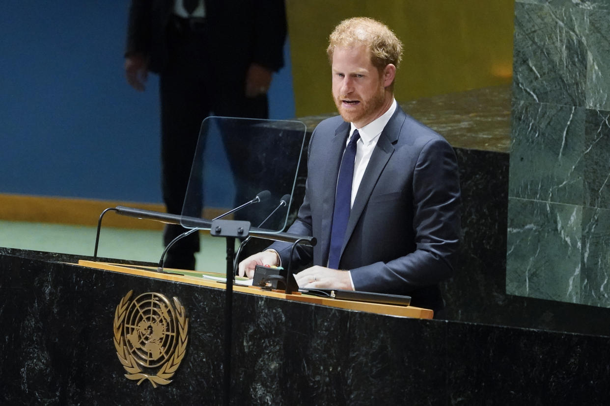 Britain's Prince Harry addresses the U.N. General Assembly during its annual celebration of Nelson Mandela International Day, Monday, July 18, 2022, at United Nations headquarters. The 37-year-old duke of Sussex was the keynote speaker at the U.N. event and South Africa's U.N. Mission said Friday his remarks 