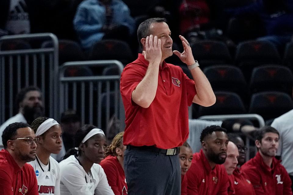 Louisville head coach Jeff Walz reacts to a call during the first half of a first-round college basketball game against Drake in the NCAA Tournament in Austin, Texas, Saturday, March 18, 2023. (AP Photo/Eric Gay)