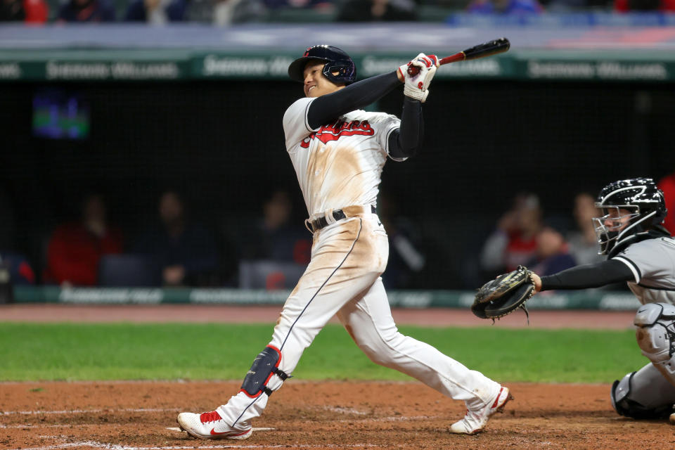 CLEVELAND, OH - SEPTEMBER 23: Cleveland Indians shortstop Yu Chang (2) singles during the sixth inning of game two of the the Major League Baseball doubleheader between the Chicago White Sox and Cleveland Indians on September 23, 2021, at Progressive Field in Cleveland, OH. (Photo by Frank Jansky/Icon Sportswire via Getty Images)