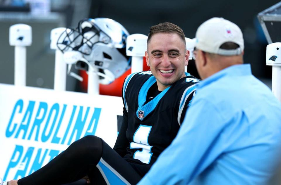 Carolina Panthers kicker Eddy Pineiro, left and team owner David Tepper, right, share time together prior to the team’s game against the Indianapolis Colts on Sunday, November 5, 2023 at Bank of America Stadium in Charlotte, NC.