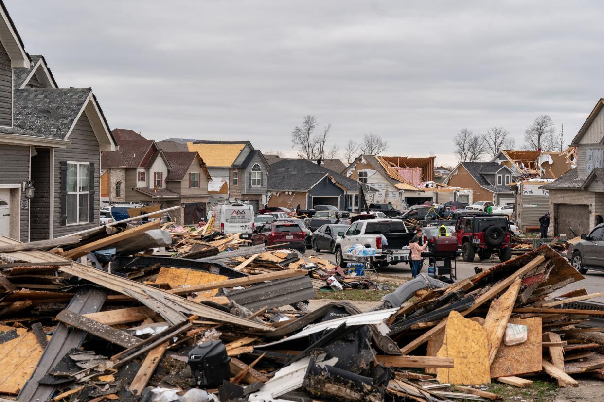 Damaged homes are seen on Jackie Lorraine Dr. in Clarksville, Tenn., Sunday, Dec. 10, 2023. Tornadoes struck Middle Tennessee on Saturday, killing at least six people and leaving more than 160,000 Middle Tennessee residents without power.