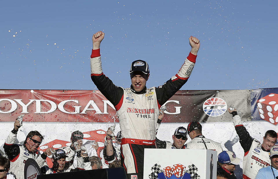 Brad Keselowski celebrates in Victory Lane after winning the NASCAR Nationwide Series auto race Saturday, March 8, 2014, in Las Vegas. (AP Photo/Isaac Brekken)