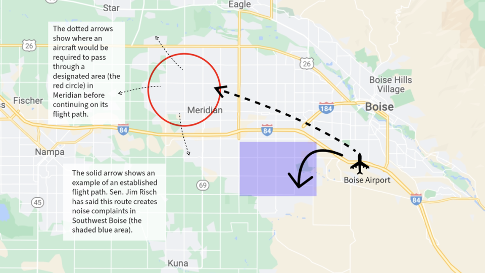 An illustration of U.S. Sen. Jim Risch’s proposed changes to flight patterns at the Boise Airport in Southwest Boise. He included the language in the Senate’s version of the Federal Aviation Administration Reauthorization Act of 2023. Nicole Blanchard