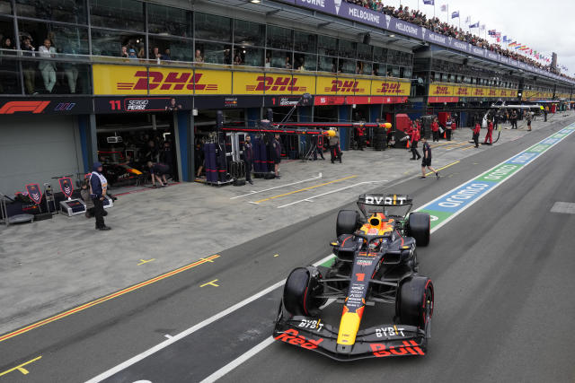 Red Bull driver Max Verstappen of Netherlands prepares to leave the pit during qualifying ahead of the Australian Formula One Grand Prix at Albert Park in Melbourne, Saturday, April 1, 2023. (Simon Baker/Pool via AP)