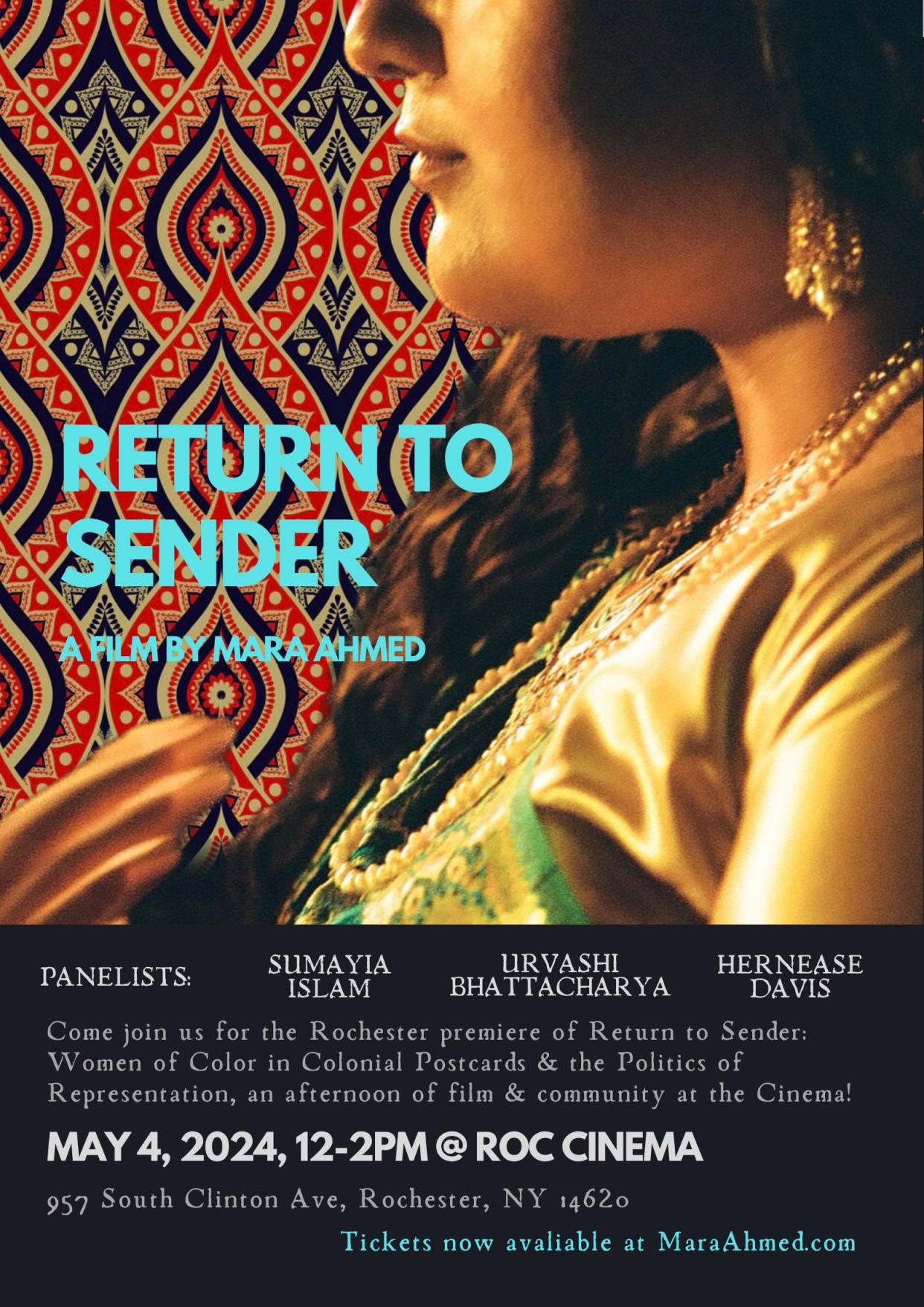 Poster for screening of Mara Ahmed's film, Return to Sender