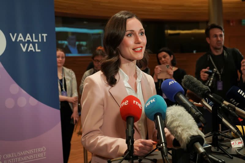 Finland's PM and Social Democrats leader Sanna Marin speaks during a news conference in Helsinki