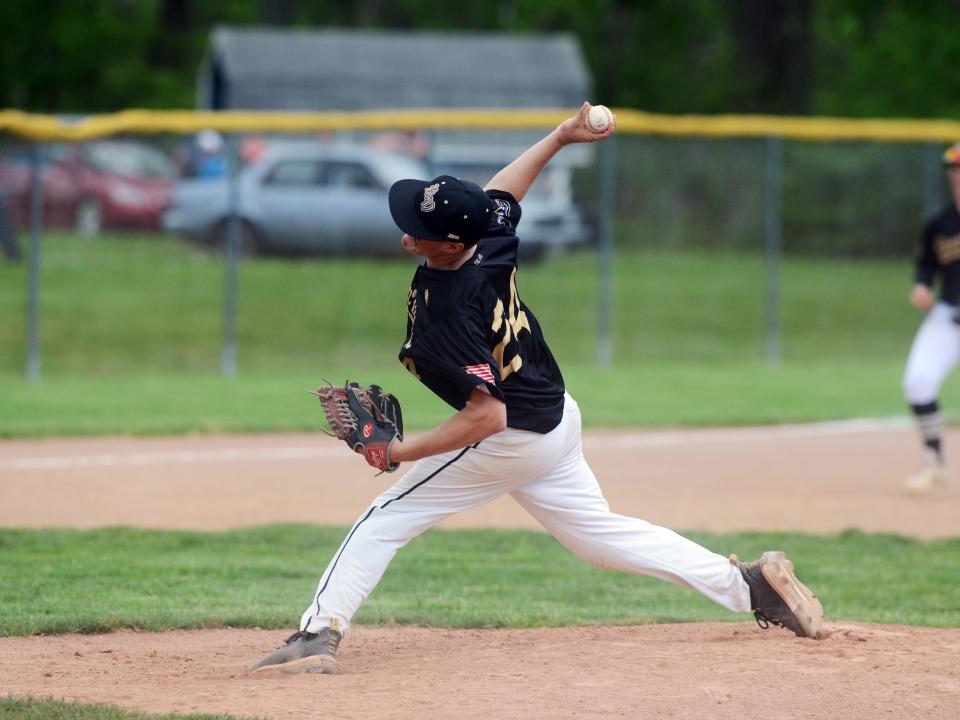 Bryson Fry fires a pitch during the third inning of River View's 12-8 win against Minerva in a Division II sectional game on Saturday at Ron Tisko Field. Fry pitched four scoreless innings in relief as the Black Bears scored 10 unanswered runs after falling behind 6-2.