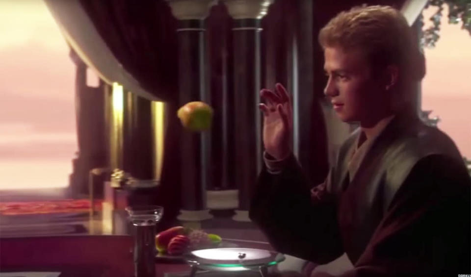 <p>The general standard of CG is pretty fantastic throughout the prequel trilogy, but the budget had obvious been exhausted when it came to animating a CG pear that Anakin could float across the dinner table to Padme. It slides onto her fork like it’s made of foam and Padme takes an unconvincing bite of NOTHING because the pear isn’t even real and it tastes of LIES.</p>
