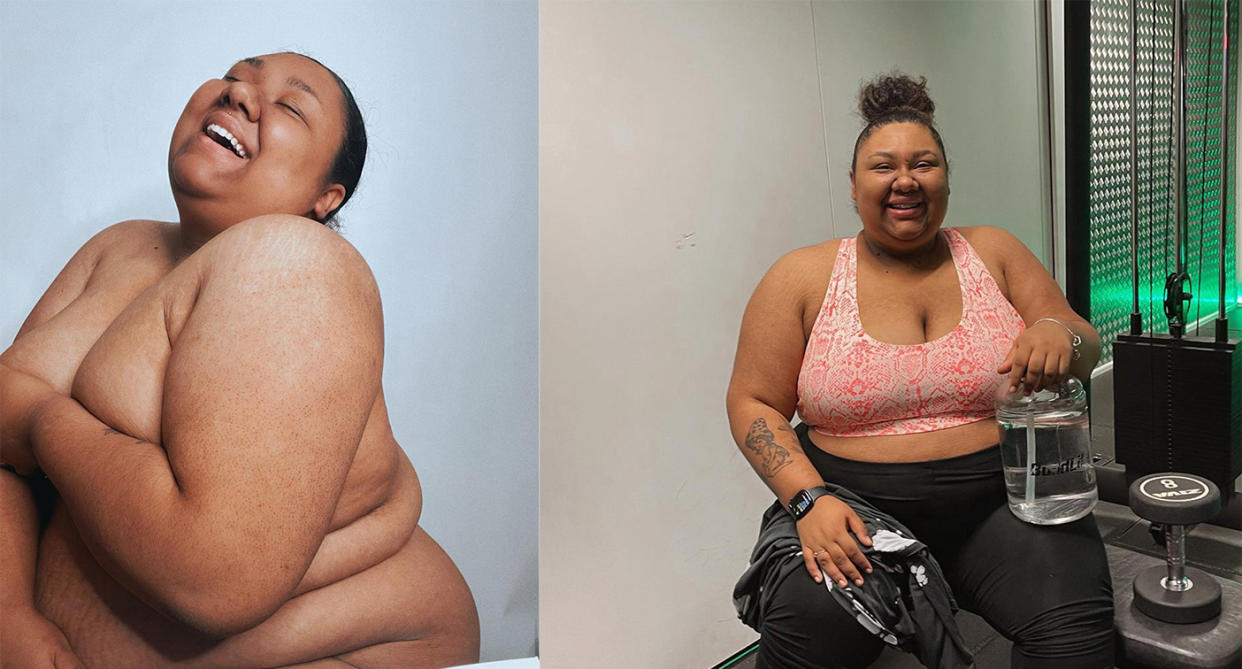 Plus-size influencer Miah Carter in naked shot and in exercise gear