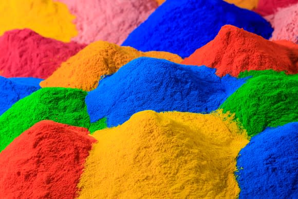 Multiple colors of powder for coatings.