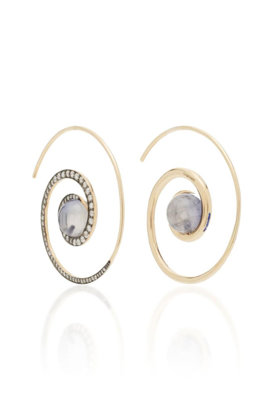 22) Spiral Moon 18K Gold Diamond And Iolite Earrings