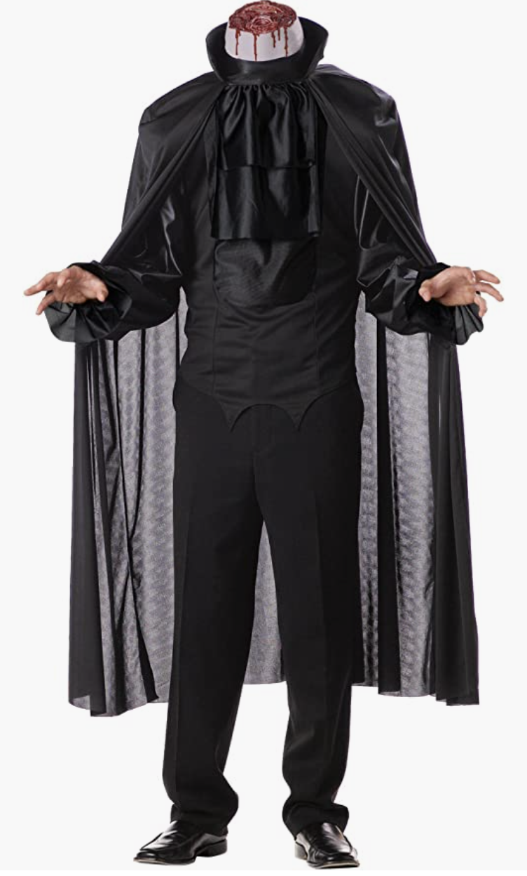 California Costumes Headless Horseman Costume with black cape and black pants (Photo via Amazon)